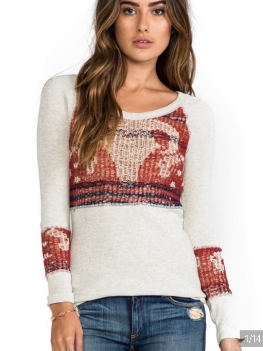 We The Free thermal Henley Bull Light Gray Burgundy Patterned size XS cotton
